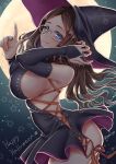  1girl bangs bare_shoulders black_dress blue_eyes blush breasts bridal_gauntlets brown_hair closed_mouth detached_sleeves dress fate/grand_order fate_(series) forehead full_moon glasses happy_halloween hat highres large_breasts leonardo_da_vinci_(fate/grand_order) long_hair looking_at_viewer moon night night_sky parted_bangs short_dress sidelocks sky smile thighs witch_hat youshuu 