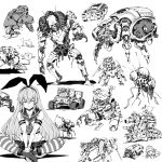  1girl abyssal_ship bacius bangs bug closed_mouth crab crossed_legs elbow_gloves enemy_lifebuoy_(kantai_collection) eyebrows_visible_through_hair flag gloves greyscale ground_vehicle hairband highleg highleg_panties highres insect kantai_collection long_hair monochrome motor_vehicle neckerchief original panties rudder_footwear sailor_collar shimakaze_(kantai_collection) simple_background sketch skirt sweat underwear white_background 