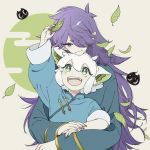  2boys absurdres animal_ears blue_menouu cat_ears eyebrows_visible_through_hair fang fengxi_(the_legend_of_luoxiaohei) green_eyes hair_over_one_eye highres hug leaf long_hair long_sleeves luoxiaohei multiple_boys open_mouth pointy_ears purple_eyes purple_hair short_hair smile the_legend_of_luo_xiaohei upper_body white_hair 