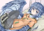  1girl animal_ears bed bird_ears bird_legs bird_tail bird_wings blue_feathers blue_hair blue_wings checkered checkered_legwear eyebrows_visible_through_hair feathered_wings feathers grey_eyes harpy head_feathers hood hoodie lying miura_(rnd.jpg) monster_girl open_mouth orange_hoodie original pants pillow rnd.jpg solo twitter_username winged_arms wings zipper 