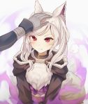  1girl :t aftergardens animal_ears bangs belt brown_cloak cloak collar energy eyebrows_visible_through_hair eyes_visible_through_hair fake_animal_ears fire_emblem fire_emblem_awakening fire_emblem_heroes fur_trim gloves grey_gloves hand_on_another&#039;s_head headband hood long_hair long_sleeves medium_hair plaid plaid_shirt pout red_eyes robin_(fire_emblem) robin_(fire_emblem)_(female) shirt tail twintails upper_body white_hair wolf_ears wolf_tail 