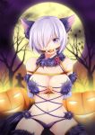  1girl animal_ear_fluff animal_ears arms_behind_back ball_gag bangs bare_shoulders bare_tree bdsm bondage bound bound_arms breasts cleavage commentary dangerous_beast elbow_gloves fake_animal_ears fake_tail fate/grand_order fate_(series) full_moon fur-trimmed_gloves fur-trimmed_legwear fur_collar fur_trim gag gagged gloves hair_over_one_eye halloween halloween_costume highres jack-o&#039;-lantern lace-trimmed_legwear lace_trim large_breasts legs_apart light_purple_hair looking_at_viewer mash_kyrielight moon navel night night_sky o-ring orange_rope pumpkin purple_eyes purple_gloves purple_legwear restrained revealing_clothes rope short_hair sky solo tail thighhighs tombstone tree yasume_yukito 