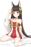  1girl animal_ear_fluff animal_ears arm_support azur_lane bangs bare_shoulders black_hair blunt_bangs blush breasts cleavage collarbone commentary_request detached_sleeves doyagao dress eyebrows_visible_through_hair fox_ears full_body gold_choker hair_ornament hand_up highres hime_cut kneehighs long_hair looking_at_viewer nagato_(azur_lane) panties pantyshot pleated_dress red_dress sidelocks simple_background sitting sleeveless sleeveless_dress small_breasts smile smug solo sparkle strapless strapless_dress sweat underwear v v_over_eye very_long_hair wariza white_background white_legwear white_panties white_sleeves wide_sleeves yamasan yellow_eyes 