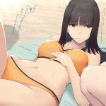  1girl bangs black_hair blunt_bangs bra breasts brown_eyes cleavage closed_mouth commentary_request eyebrows_visible_through_hair hand_on_own_chest hime_cut large_breasts long_hair lying navel on_back orange_bra orange_panties original panties sports_bra sts thighs translation_request underwear wavy_mouth yoga_mat 