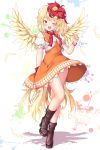  1girl ;d aka_tawashi bare_legs bird bird_wings blonde_hair blush boots bow bracelet breasts chick commentary_request dress eyebrows_visible_through_hair feathered_wings feathers full_body highres jewelry looking_at_viewer medium_breasts multicolored_hair niwatari_kutaka one_eye_closed open_mouth orange_dress puffy_short_sleeves puffy_sleeves red_bow red_eyes red_hair red_neckwear red_ribbon ribbon shadow short_hair short_sleeves smile solo standing symbol_commentary tail thighs touhou two-tone_hair white_background wings wrist_bow 