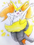  2020 ambiguous_gender big_ears braixen chest_tuft cute_expression eiroru emanata fluffy fluffy_tail front_view fur hip_tuft inner_ear_fluff jumping long_tail looking_at_viewer multicolored_body multicolored_fur multicolored_tail nintendo open_mouth open_smile pink_tongue pok&eacute;mon pok&eacute;mon_(species) portrait raised_arm red_eyes semi-anthro shoulder_tuft simple_background smile solo tongue tuft video_games white_body white_fur 