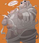  2020 anthro balls belly black_nose blush dumdum genitals halloween halloween_costume hi_res holidays kemono male mammal moobs mummy_costume nipples orange_background overweight overweight_anthro overweight_male penis simple_background solo text ursid 