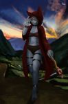  anthro bandage canid canine canis clothing collar detailed_background female fur hi_res jennifer_nyte magic_user mammal midriff outerscape_(artist) red_clothing solo staff tagme white_body white_fur wolf 