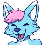  1:1 alpha_channel anonymous_artist anthro blue_body blue_fur canid canine canis eyes_closed fangs fur hair happy low_res male mammal pink_hair solo viny wolf 