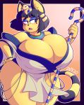  animal_crossing ankha_(animal_crossing) anthro big_breasts blue_eyes blue_hair blush breasts cleavage clothed clothing domestic_cat egyptian felid feline felis female fur hair half-closed_eyes hand_on_hip hi_res holding_object holding_staff huge_breasts huge_thighs mammal narrowed_eyes nintendo open_mouth solo staff standing teeth thick_thighs tongue uraeus video_games wide_hips yellow_body zaphod 