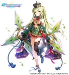  1girl alternate_costume apple_caramel bell black_legwear blue_footwear breasts cleavage company_name copyright_name dual_wielding erica_(goddes_kiss) full_body goddess_kiss green_eyes green_headwear halloween highres holding holding_weapon jiangshi jingle_bell long_hair long_sleeves official_art simple_background single_thighhigh small_breasts solo standing thighhighs watermark weapon white_background 