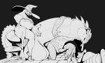  2020 5:3 anthro balls big_balls big_penis blush bodily_fluids clothed clothing crocodile crocodilian crocodylid crossdressing cum digital_media_(artwork) dragon&#039;s_crown erection genital_fluids genitals halloween hi_res holidays huge_balls huge_penis humanoid_genitalia humanoid_penis hyper hyper_balls hyper_genitalia hyper_penis line_art lizardman looking_at_viewer male male/male monochrome nsfsushi open_mouth penis reptile scalie simple_background smile 