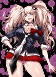  1girl bear_hair_ornament black_shirt blonde_hair blue_eyes bow breasts cleavage danganronpa enoshima_junko eyebrows_visible_through_hair gggg hair_ornament highres looking_at_viewer necktie open_mouth pleated_skirt red_bow red_skirt shirt skirt solo twintails 