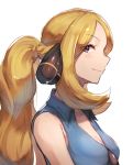  1girl blonde_hair blue_shirt breasts cleavage closed_mouth commentary_request cynthia_(pokemon) eyelashes eyes_visible_through_hair from_side grey_eyes hair_ornament highres light_blush long_hair looking_at_viewer odd_(hin_yari) pokemon pokemon_(anime) pokemon_bw_(anime) shiny shiny_hair shirt sleeveless sleeveless_shirt smile solo tied_hair upper_body white_background 