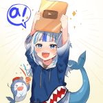  ! 1girl a animal_costume animal_hood arms_up bangs bloop_(gawr_gura) blue_eyes blue_hair blue_hoodie blunt_bangs commentary_request congratulations fish_tail gawr_gura hair_ornament highres holding hololive hololive_english hood hoodie kura_noi multicolored_hair play_button_(object) shark_costume shark_girl shark_hair_ornament shark_hood shark_tail silver_hair solo speech_bubble tail virtual_youtuber youtube youtube_logo 