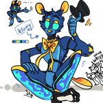  2020 animatronic anthro biped blue_body blue_eyes blue_fur blue_hands bow character_name claws clothing color_swatch dialogue digital_drawing_(artwork) digital_media_(artwork) duo english_text fan_character five_nights_at_freddy&#039;s fur hat headgear headwear hi_res holding_hat holding_object kinoselynn looking_at_viewer machine male mammal robot signature simple_background sitting smile solo_focus text top_hat ursid ursine video_games water white_background white_tail yellow_body yellow_bow yellow_fur yellow_nose yellow_tail 