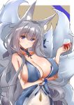  1girl absurdres animal_ear_fluff animal_ears azur_lane blue_collar blue_dress blue_eyes breasts collar cup dress drinking_glass feather_boa fox_ears grey_hair halter_dress highres kitsune kyuubi large_breasts large_tail long_hair multiple_tails noazzark shinano_(azur_lane) shinano_(light_of_the_hazy_moon)_(azur_lane) simple_background sleeveless sleeveless_dress solo tail very_long_hair white_tail wine_glass wrist_flower 