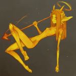  1:1 breasts circle_eyebrows demon eyebrows female floating hair halo horn humanoid humanoid_pointy_ears looking_at_viewer melee_weapon navel nipples not_furry nude orange_hair polearm portals_of_phereon ribs small_breasts small_waist smile solo spear syvaron weapon yellow_body yellow_eyes yellow_skin 