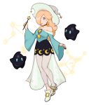  1girl alternate_costume blonde_hair blue_eyes buckle constellation earrings hat high_heels jewelry long_hair looking_at_viewer luma_(mario) mario_(series) one_eye_covered open_mouth rosalina simple_background super_mario_galaxy wand white_background witch_costume witch_hat 