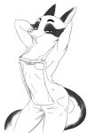  akiric anthro black_and_white breasts canid canine clothed clothing female fox line_art mammal monochrome overalls side_boob simple_background skimpy small_breasts solo under_boob white_background 