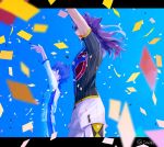  2boys arm_up artist_name ba_(sdr382) brothers confetti floating_hair highres hop_(pokemon) leggings leon_(pokemon) long_hair male_focus multiple_boys number pokemon pokemon_(game) pokemon_swsh purple_hair shirt short_sleeves shorts siblings w watermark white_shorts 