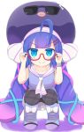  1girl absurdres adjusting_eyewear ahoge ascot bangs blue_eyes blue_footwear blue_hair blunt_bangs boots collar commentary eel_hat eyebrows_visible_through_hair full_body hair_ornament hairclip highres large_hat lips long_hair looking_at_viewer otomachi_una plaid plaid_legwear purple_headwear purple_shirt red-tinted_eyewear sailor_collar school_uniform semi-rimless_eyewear shadow shirt smile solo squatting sunglasses talkex thighhighs twintails v-shaped_eyebrows very_long_hair vocaloid white_background white_collar white_neckwear zerueru11 