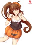  1girl artist_logo black_camisole brown_eyes brown_hair camisole chestnut_mouth collarbone commentary_request cosplay cowboy_shot dated fumizuki_(kantai_collection) highres jack-o&#039;-lantern kanon_(kurogane_knights) kantai_collection libeccio_(kantai_collection) libeccio_(kantai_collection)_(cosplay) long_hair looking_at_viewer one_eye_closed orange_headwear ponytail pumpkin_skirt revision simple_background solo white_background 