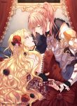  2girls androgynous armor blonde_hair blush capelet cloak elbow_gloves fingerless_gloves gloves highres knight lace-trimmed_gloves lace_trim long_hair multiple_girls original pauldrons princess red_eyes ryuha0428 short_ponytail shoulder_armor yellow_eyes yuri 