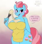  2020 anthro anthrofied apron apron_only big_breasts blue_body blue_fur breasts clothing cutie_mark earth_pony english_text equid equine female friendship_is_magic fur hasbro hi_res hirurux horse looking_at_viewer mammal mane mature_female mostly_nude mrs._cake_(mlp) multicolored_mane my_little_pony open_mouth pink_eyes pink_mane pony solo speech_bubble text tongue two_tone_mane 