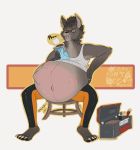  animated anthro baby_kicking bottomwear clothing felid feline furniture internal male male_pregnancy mammal pants plaguetastic pregnant shirt short_playtime sitting solo stool tablet tank_top toolbox topwear 