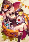  1girl black_dress bow breasts candy cleavage corrin_(fire_emblem) corrin_(fire_emblem)_(female) crescent_moon dress fire_emblem fire_emblem_fates food ghost halloween hat jack-o&#039;-lantern konfuzikokon lantern moon one_eye_closed open_mouth petals pointy_ears red_eyes signature white_bow white_hair witch_costume witch_hat 