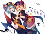  alternate_color ass_cutout back_bow back_cutout bag bat bat_wings black_bow black_dress black_headwear black_shirt blonde_hair blue_hair bow butt_crack candy clothing_cutout commentary cravat crystal dress flandre_scarlet food hair_between_eyes halloween hat hat_ribbon ikasoba jack-o&#039;-lantern_print laevatein_(tail) lollipop macaron mob_cap orange_bow red_ribbon red_skirt red_vest remilia_scarlet ribbon sharp_teeth shirt short_hair short_sleeves shoulder_bag siblings side_ponytail simple_background sisters skirt striped striped_legwear tail teeth thighhighs touhou vest white_background wings wrapped_candy wrist_cuffs wrist_grab yellow_neckwear 