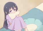  1girl bangs barefoot black_hair blanket blue_eyes blush child commentary_request feet_out_of_frame floral_print hatafuta long_hair looking_at_viewer object_hug on_bed pajamas pillow pillow_hug purple_pajamas shirosaki_hana sitting sitting_on_bed solo very_long_hair watashi_ni_tenshi_ga_maiorita! 