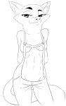  akiric anthro black_and_white breasts canid canine clothed clothing female fox line_art mammal monochrome overalls side_boob simple_background skimpy small_breasts solo under_boob v-cut white_background 