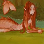  1:1 breasts brown_hair creek fangs female fin fish_tail grass hair humanoid humanoid_pointy_ears long_hair looking_at_viewer marine merfolk nipples nude pink_body red_eyes small_breasts solo syvaron 