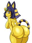 animal_crossing ankha_(animal_crossing) anthro bent_over big_breasts big_butt blue_hair breasts butt convenient_censorship domestic_cat egyptian felid feline felis female fur grey_eyes hair hand_on_butt hi_res holding_butt looking_back mammal narrowed_eyes nathanatwar nintendo nude rear_view simple_background solo standing thick_thighs uraeus video_games white_background wide_hips yellow_body yellow_fur 