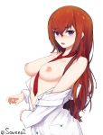  blue_eyes breasts breasts_outside confused glitch hands highres labcoat long_hair looking_at_viewer makise_kurisu md5_mismatch medium_breasts nipples nude open_mouth red_hair solo soveno standing steins;gate steins;gate_0 straight_hair very_long_hair 