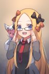  1girl abigail_williams_(fate/grand_order) bangs black_bow black_dress blonde_hair blue_eyes blush bow breasts cosplay dress fate/grand_order fate_(series) forehead fou_(fate/grand_order) fou_(fate/grand_order)_(cosplay) glasses hair_bow highres jacket long_hair long_sleeves looking_at_viewer mash_kyrielight mash_kyrielight_(cosplay) miya_(miyaruta) multiple_bows necktie open_clothes open_jacket open_mouth orange_bow parted_bangs sidelocks small_breasts smile stuffed_animal stuffed_toy teddy_bear 