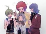  1girl 3boys aaron_(pokemon) afro ahoge bertha_(pokemon) black_shirt brown_scarf closed_mouth coat collared_shirt cup disposable_cup drinking drinking_straw elite_four flint_(pokemon) glasses green_eyes green_hair grey_hair holding holding_cup jacket long_sleeves lucian_(pokemon) multiple_boys orange_eyes oshi_taberu pants pokemon pokemon_(game) pokemon_dppt red_hair red_jacket red_pants scarf shirt short_hair smile sparkle tank_top white_coat yellow_shirt 