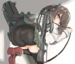  1girl ass bike_shorts black_legwear black_shorts blush bow_(weapon) brown_eyes brown_hair commentary_request cowboy_shot crossbow from_behind green_skirt headband headgear kantai_collection kasashi_(kasasi008) leaning_forward looking_at_viewer looking_back machinery panties_under_bike_shorts pantylines pleated_skirt shorts skirt solo taihou_(kantai_collection) thighhighs weapon 