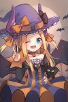  1girl ;d abigail_williams_(fate/grand_order) bangs black_bow black_cat blonde_hair blue_eyes blush bow breasts cat choker cosplay dress elizabeth_bathory_(fate)_(all) elizabeth_bathory_(halloween_caster)_(fate) elizabeth_bathory_(halloween_caster)_(fate)_(cosplay) fate/grand_order fate_(series) forehead halloween_costume hat highres horns long_hair looking_at_viewer miya_(miyaruta) one_eye_closed open_mouth orange_bow parted_bangs sidelocks small_breasts smile solo two_side_up v witch_hat 