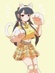  1girl animal_ears arms_up bell black_eyes black_hair blush cat_ears cat_lingerie cat_paws commentary dot_mouth dot_nose english_commentary highres jingle_bell knees_together komi-san_wa_komyushou_desu komi_shouko legs_together long_hair looking_at_viewer low_twintails meme_attire midriff motion_lines navel nyan over-kneehighs paw_pose paws plaid plaid_skirt raglan_sleeves simple_background skirt solo some_witty_user standing thighhighs thighs tired twintails white_legwear white_tail wide_sleeves yellow_background yellow_crop_top yellow_skirt 