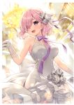  1girl absurdres bangs bare_shoulders blurry blurry_background blush breasts depth_of_field dress fate/grand_order fate_(series) flower gloves hair_flower hair_ornament hair_over_one_eye halter_top halterneck highres large_breasts looking_at_viewer mash_kyrielight non-web_source open_mouth pink_hair purple_eyes rosuuri scan short_hair sleeveless sleeveless_dress smile solo_focus white_dress white_gloves 