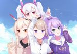  4girls :d absurdres alternate_costume animal_ears aqua_eyes arm_up ayanami_(azur_lane) azur_lane bird black_shirt blue_eyes blue_sky brown_hair bunny_ears casual cloud cloudy_sky collared_shirt commentary_request contemporary fake_animal_ears hair_ribbon headgear highres hood hooded_sweater huge_filesize jacket javelin_(azur_lane) laffey_(azur_lane) light_brown_hair long_hair long_sleeves looking_at_viewer multiple_girls open_mouth orange_eyes ponytail pose purple_hair red_eyes retrofit_(azur_lane) ribbon shirt short_hair sky smile sweater thumbs_up twintails v wei_xin white_shirt z23_(azur_lane) 