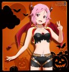  1girl :d bangs black_choker black_shorts breasts choker cleavage collarbone cowboy_shot criss-cross_halter crop_top demon_tail fangs hair_ornament hairclip halloween halloween_costume halterneck highres horns lisbeth looking_at_viewer medium_breasts midriff navel orange_background parted_bangs pink_hair pumpkin red_eyes red_wings shiny shiny_hair short_hair short_shorts shorts shugo19 sleeveless smile solo standing stomach sword_art_online tail torn_clothes torn_shorts v watermark wings 