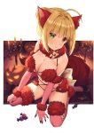  1girl absurdres ahoge alternate_color animal_ears artist_name back_bow bangs bare_shoulders blonde_hair bow breasts candle candy checkered checkered_floor cleavage closed_mouth cosplay dangerous_beast elbow_gloves eyebrows_visible_through_hair fake_animal_ears fake_tail fate/extra fate/grand_order fate_(series) food full_body fur-trimmed_gloves fur-trimmed_legwear fur_collar fur_trim gloves green_eyes hair_bun hair_intakes hand_on_own_knee highres jack-o&#039;-lantern kneeling lace lace-trimmed_legwear lace_trim large_breasts looking_at_viewer nero_claudius_(fate) nero_claudius_(fate)_(all) non-web_source outside_border pink_gloves pink_legwear pumpkin revealing_clothes rosuuri scan short_hair sitting solo tail thighhighs wariza white_bow wolf_ears wolf_tail 