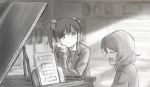 2girls bangs blurry blurry_background blush bow bowtie chin_rest classroom closed_eyes closed_mouth commentary_request eyebrows_visible_through_hair flat_chest from_side grand_piano greyscale hair_bow happy indoors instrument jacket light_blush long_sleeves looking_at_another love_live! love_live!_school_idol_project monochrome multiple_girls music nishikino_maki open_clothes open_jacket open_mouth paper piano playing_instrument profile school_uniform sheet_music shibasaki_shouji shirt short_hair sideways_mouth sitting smile standing tied_hair twintails upper_body yazawa_nico 