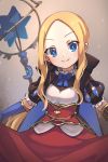  1girl abigail_williams_(fate/grand_order) bangs blonde_hair blue_eyes blue_gloves breasts cosplay dress fate/grand_order fate_(series) forehead gauntlets gloves highres leonardo_da_vinci_(fate/grand_order) leonardo_da_vinci_(rider)_(fate) leonardo_da_vinci_(rider)_(fate)_(cosplay) long_hair miya_(miyaruta) parted_bangs print_sleeves puff_and_slash_sleeves puffy_short_sleeves puffy_sleeves short_sleeves single_gauntlet small_breasts smile solo star_(symbol) star_print 