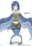  1girl animal_ears belt bike_shorts bird_ears bird_legs bird_tail bird_wings blouse blue_feathers blue_hair blue_wings digitigrade eyebrows_visible_through_hair feathered_wings feathers grey_eyes harpy head_feathers midriff miura_(rnd.jpg) monster_girl navel open_mouth original rnd.jpg shorts sleeveless sleeveless_blouse solo talons twitter_username winged_arms wings 