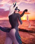  4:5 anthro black_body blue_body bra brown_eyes butt canid canine catherinemeow clothing detailed_background female fish fluffy fluffy_tail hair hi_res holding_object hybrid mammal marine multicolored_body shark smile solo underwear white_body white_hair 